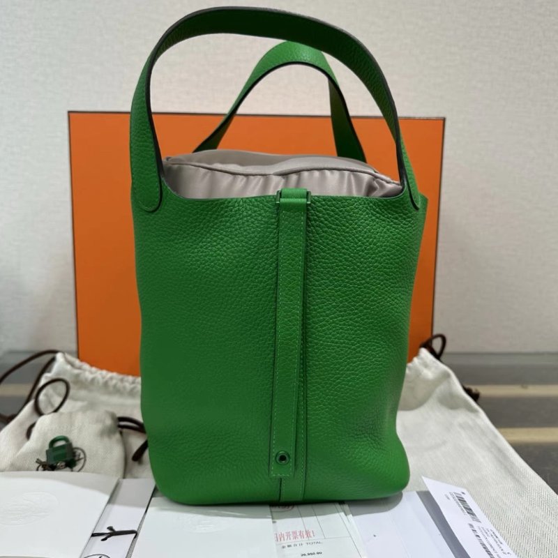 HERMES 竹子綠菜籃子22手提袋 22*22*18 99新配件:盒子塵袋鑰匙鎖購證-0