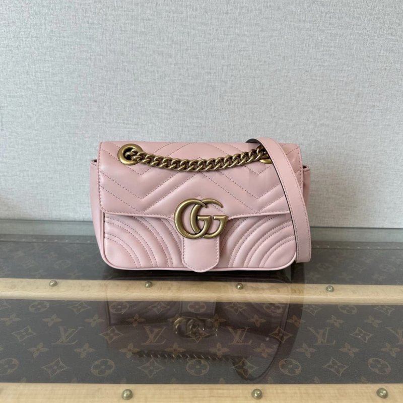 GUCCI 櫻花粉金扣 Marmont馬蒙22肩背斜背鏈條包 22*13*6 98新-0