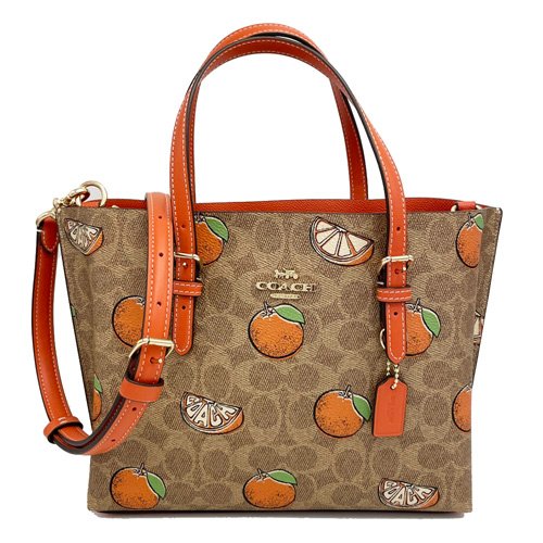 【全新】COACH C LOGO橘子印花手提斜背兩用托特包(橘/咖)-0