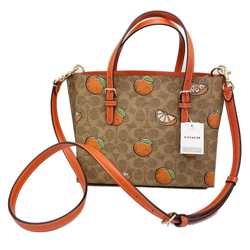 【全新】COACH C LOGO橘子印花手提斜背兩用托特包(橘/咖)-2