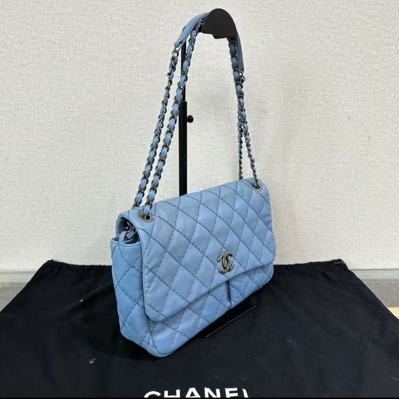 CHANEL 藍銀外縫隙季節款肩背斜背鏈條包 30*18*7 98新 配件塵袋保卡-1
