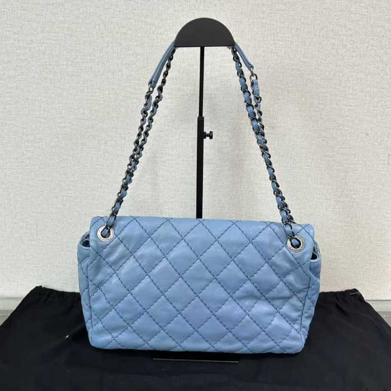CHANEL 藍銀外縫隙季節款肩背斜背鏈條包 30*18*7 98新 配件塵袋保卡-2