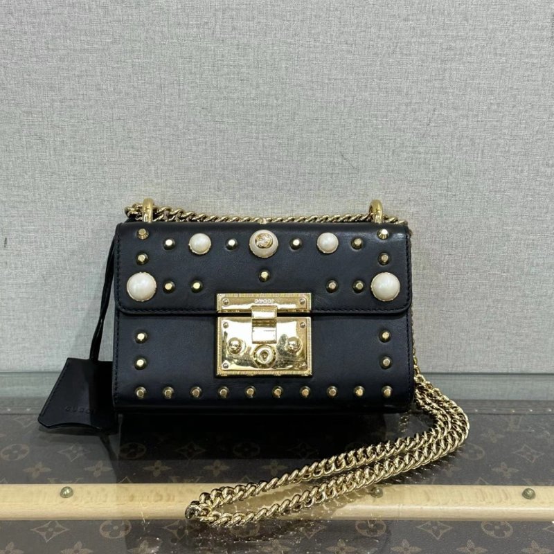 Gucci Padlock黑金珍珠卯釘肩背斜背鏈條包 20*12.5*8 98新-0
