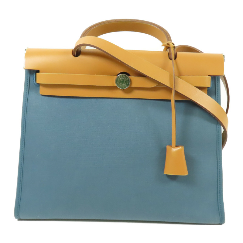 HERMES 帆布Herbag PM銀扣手挽肩背兩用袋Bleu Izmir-1