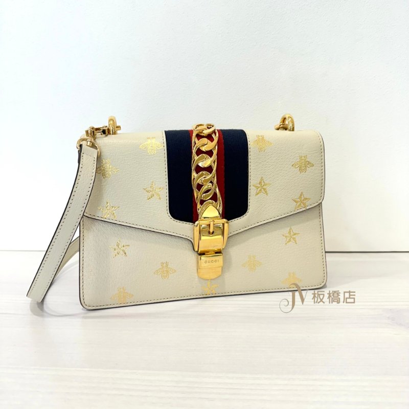 GUCCI 米色牛皮Sylvie蜜蜂星星手提肩背包-0