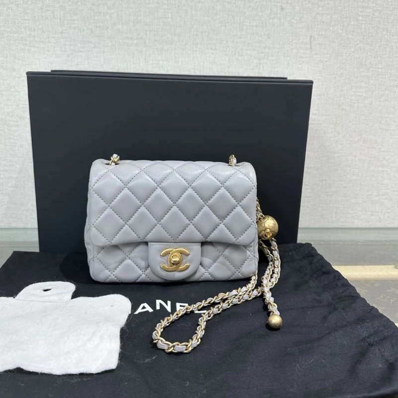 CHANEL 灰金金球方胖子肩背斜背包 18*12*7 全新配件盒子塵袋-0
