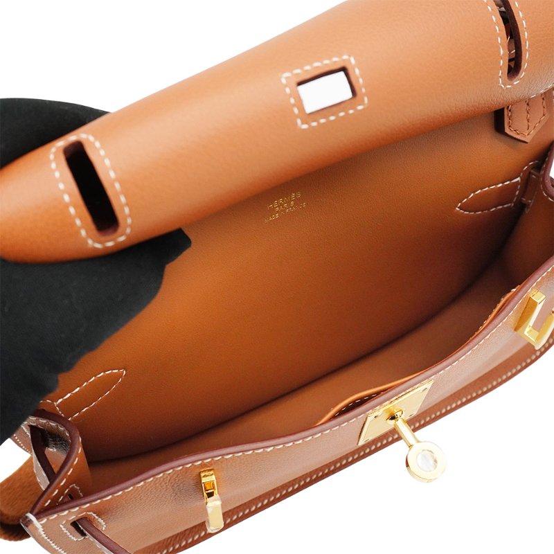 Hermes Jypsiere Mini 牛皮金釦肩背斜背包(Gold棕)-4