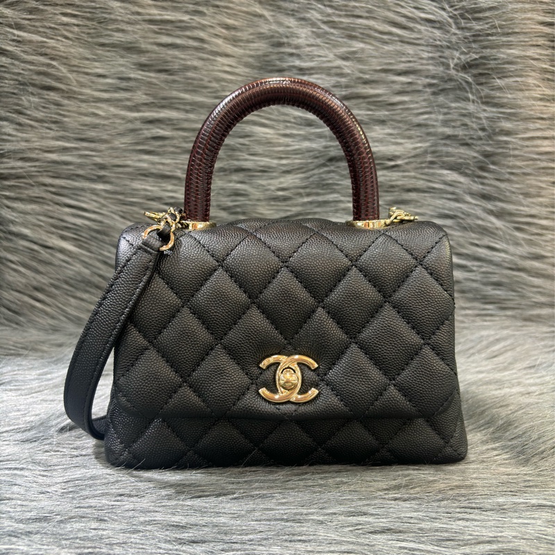 CHANEL AS2215 MINI HANDLE COCO 20 黑色荔枝皮 蜥蜴皮壓紋提把 金鍊 肩背包 手提包 斜背包-0