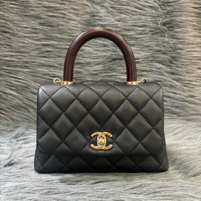 CHANEL AS2215 MINI HANDLE COCO 20 黑色荔枝皮 蜥蜴皮壓紋提把 金鍊 肩背包 手提包 斜背包-1