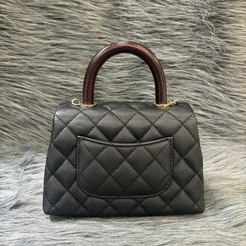 CHANEL AS2215 MINI HANDLE COCO 20 黑色荔枝皮 蜥蜴皮壓紋提把 金鍊 肩背包 手提包 斜背包-4