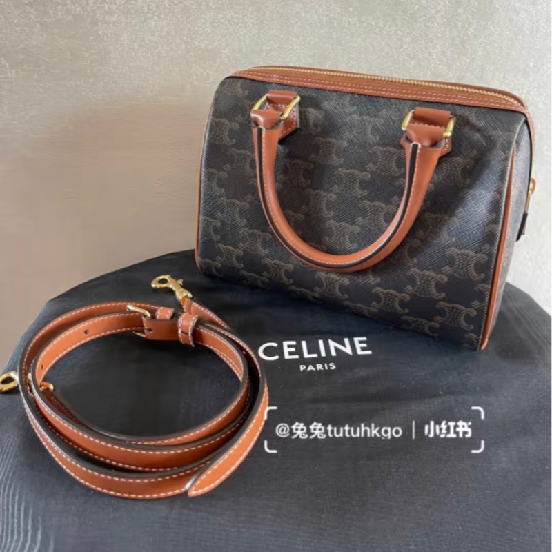 Celine 經典老花波士頓包 標誌印花及牛皮革CUIR TRIOMPHE小型波士頓手袋 黃褐色-18