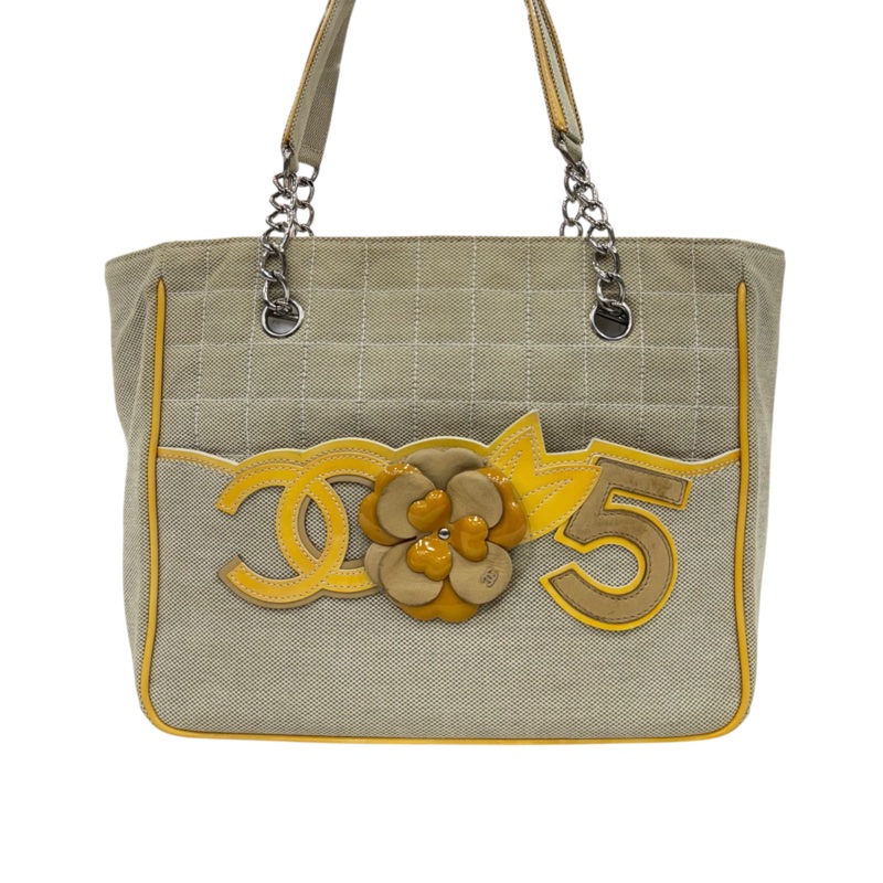 CHANEL No.5 Camellia 系列黃皮革山茶花帆布托特包-0