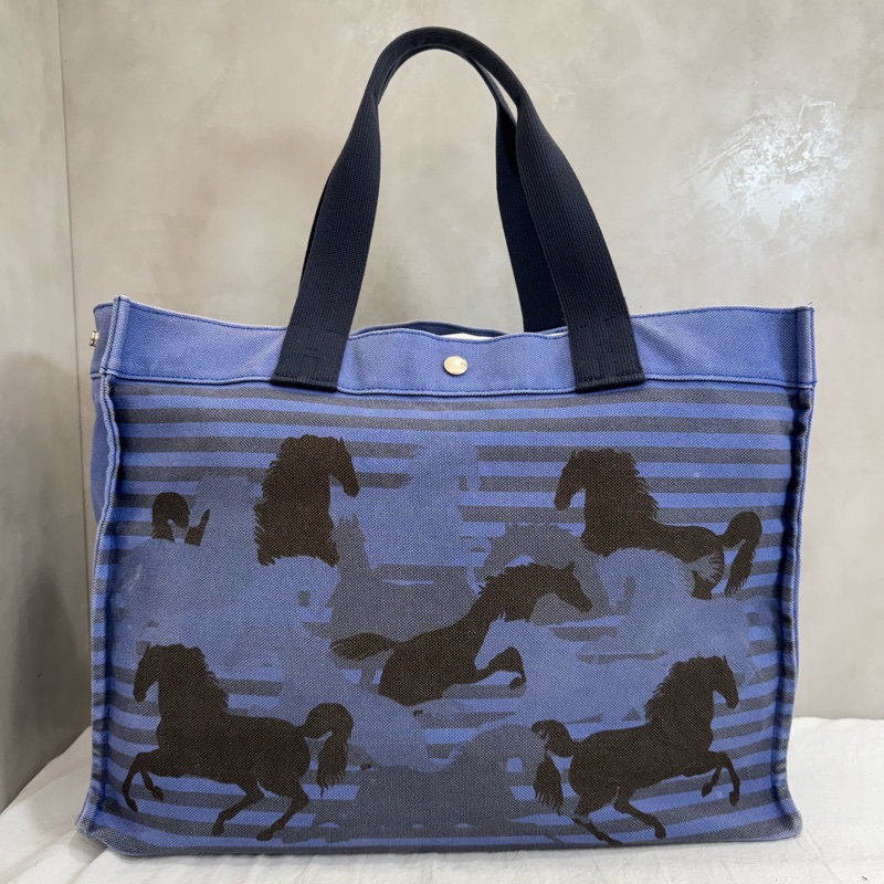 Hermès Cavalcadour Étriers 藍色馬圖帆布托特包-6