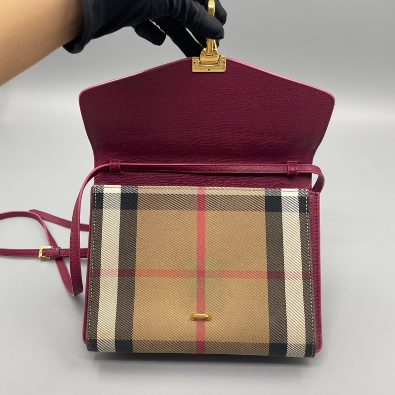 Burberry巴寶莉格紋帆布拼皮信封肩背斜背包-7