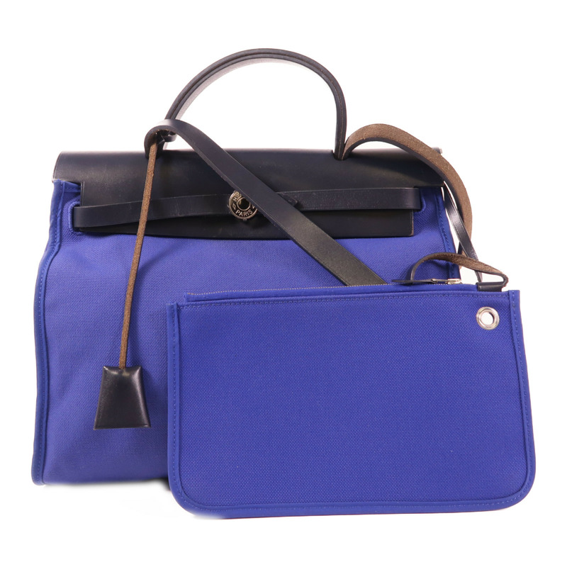 HERMES 帆布Herbag PM銀扣手挽肩背兩用袋Bleu Electrique-0