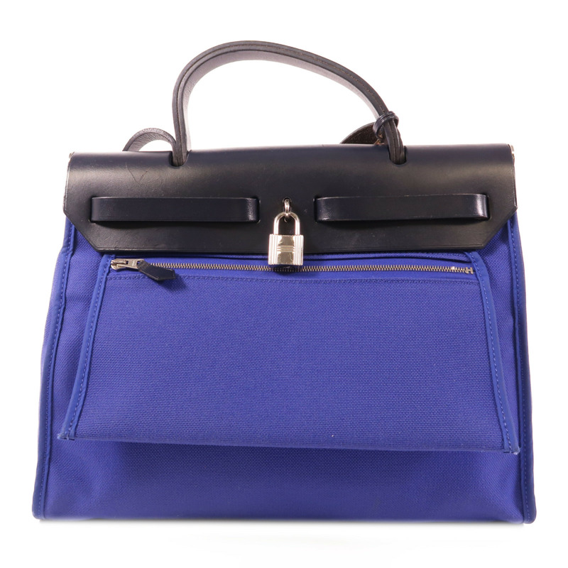 HERMES 帆布Herbag PM銀扣手挽肩背兩用袋Bleu Electrique-1