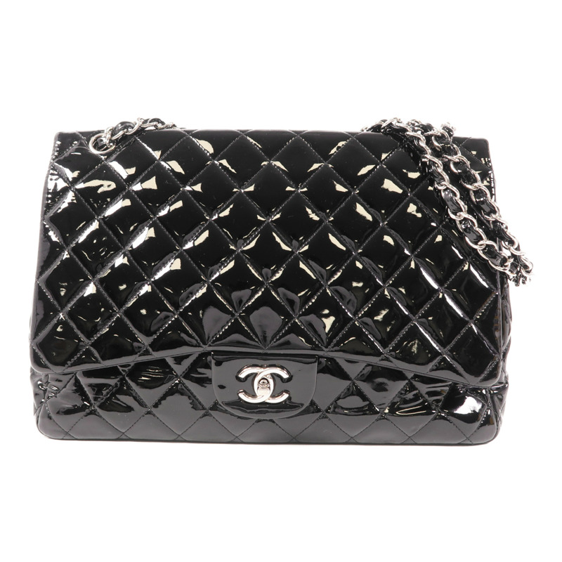 CHANEL 漆皮皮革Maxi Classic銀扣鏈帶肩背袋-0