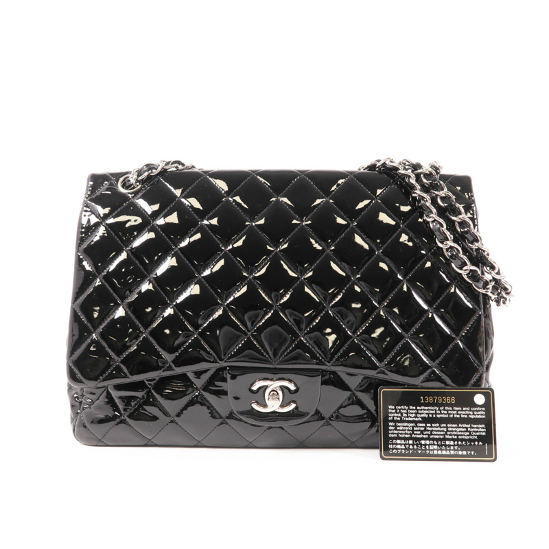 CHANEL 漆皮皮革Maxi Classic銀扣鏈帶肩背袋-9