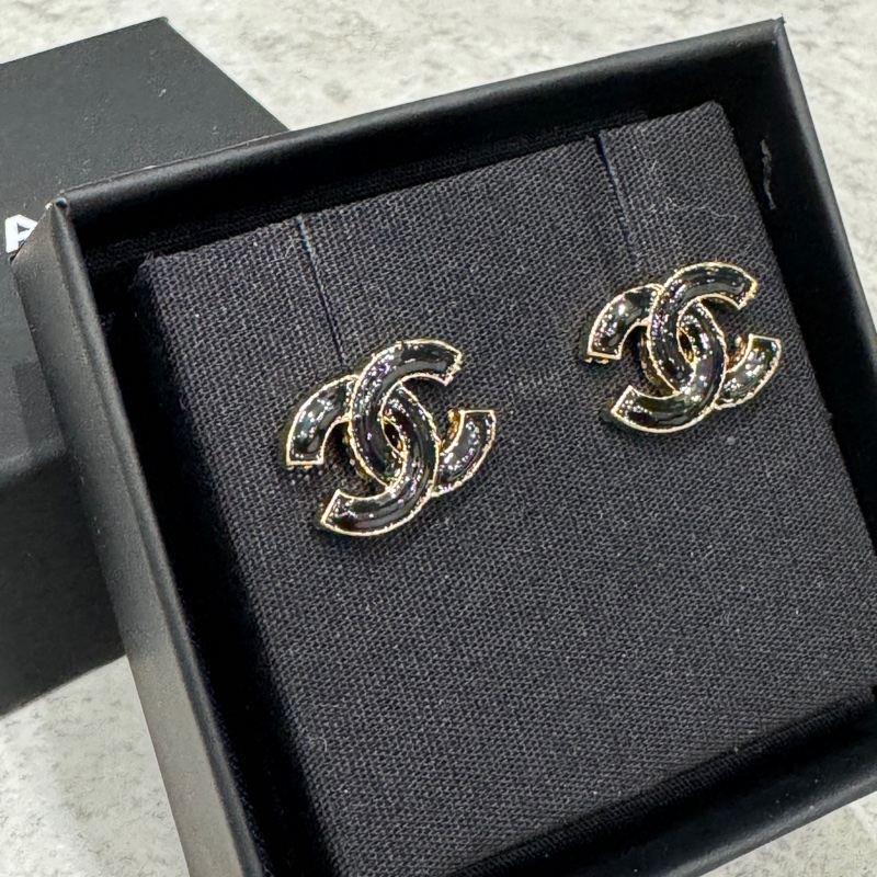 Chanel 香奈兒 雙C耳環 黑色琺瑯耳環-1