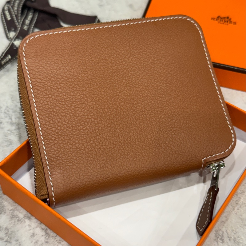 Hermès 愛馬仕 絲巾短夾 金棕絲短-0