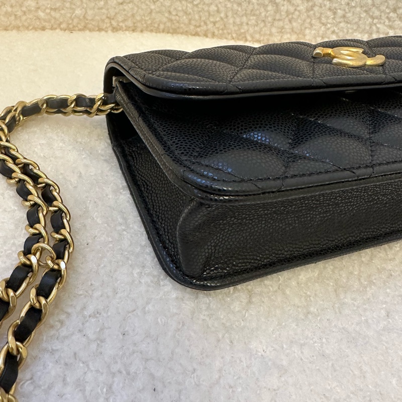 CHANEL香奈兒 24C 黑金鏈條 皮穿鏈 菱格 荔枝皮粒面牛皮包-2