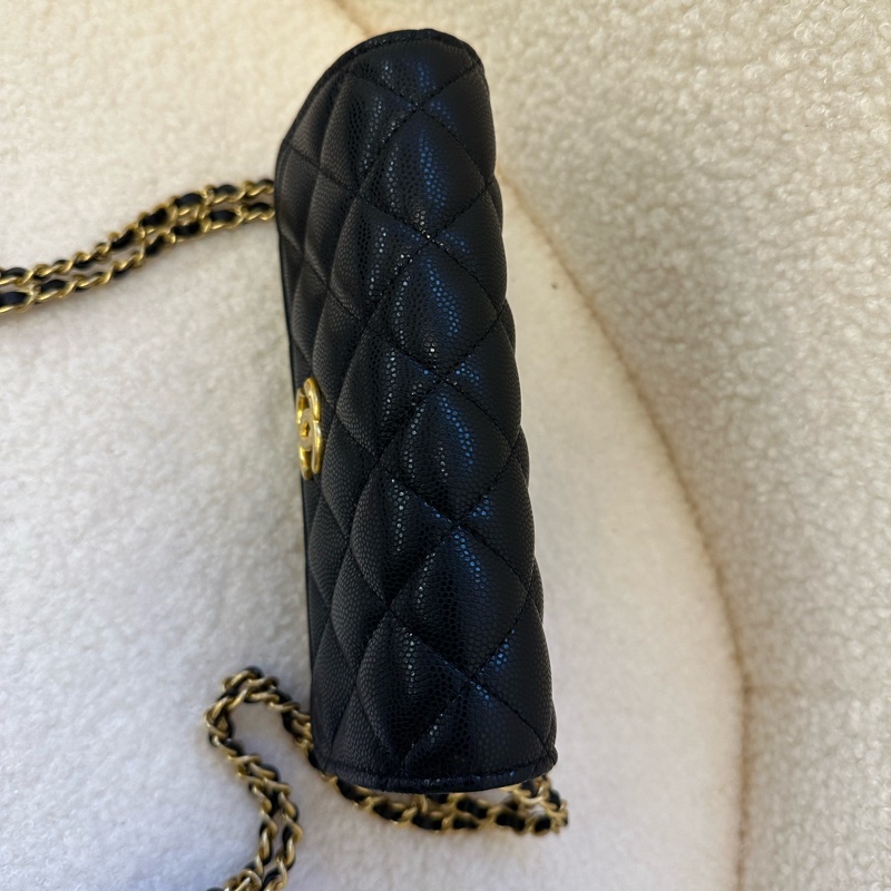 CHANEL香奈兒 24C 黑金鏈條 皮穿鏈 菱格 荔枝皮粒面牛皮包-4