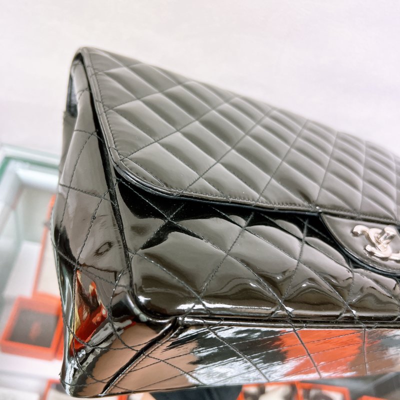 Chanel 大號經典菱格CF黑色漆皮鏈條包 jumbo-4