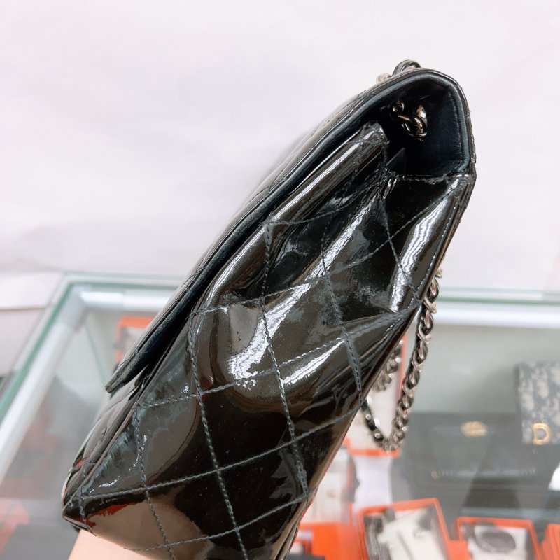 Chanel 大號經典菱格CF黑色漆皮鏈條包 jumbo-5