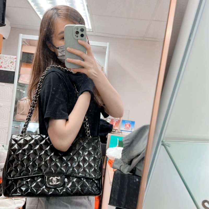 Chanel 大號經典菱格CF黑色漆皮鏈條包 jumbo-10