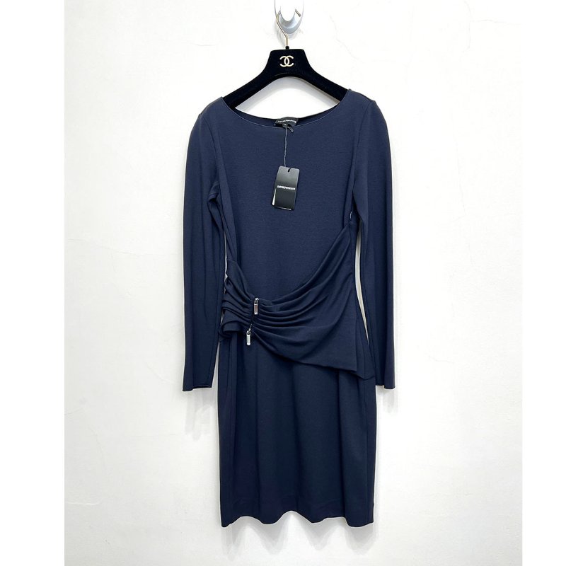 全新 / EMPORIO ARMANI 深藍腰部拉鍊洋裝 S/36-3