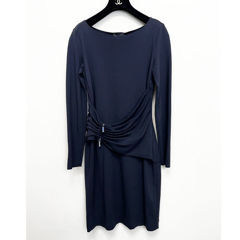 全新 / EMPORIO ARMANI 深藍腰部拉鍊洋裝 S/36-6