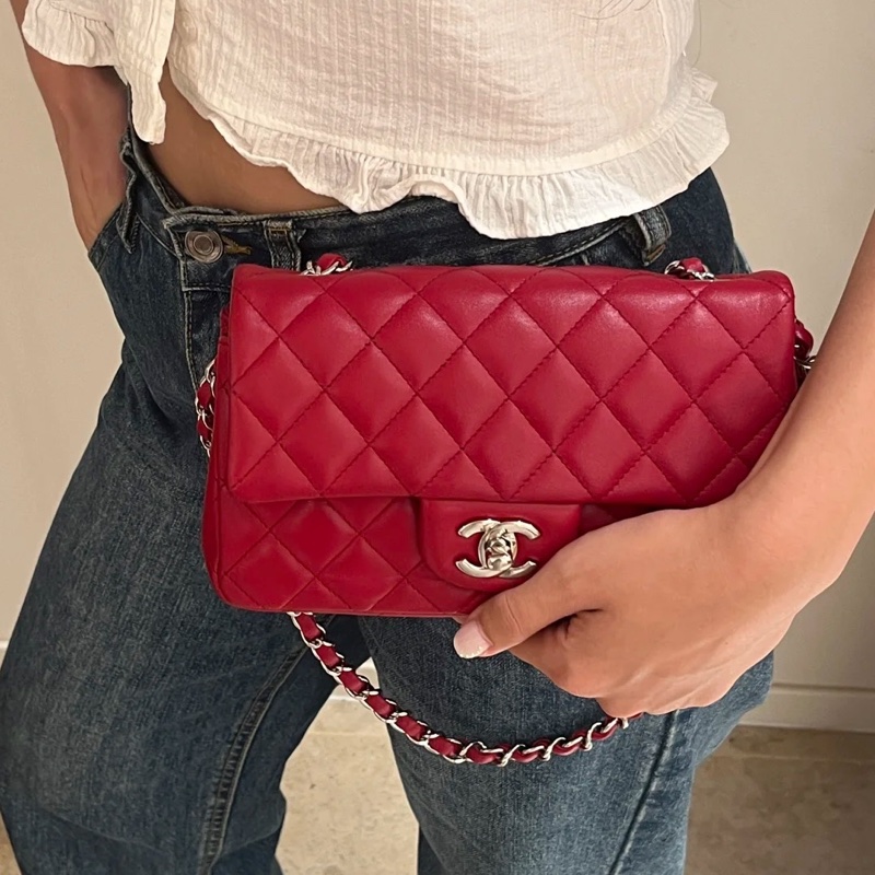 全網最低價🤩Chanel酒紅銀扣荔枝牛皮CF大mini手提單肩斜挎包-0