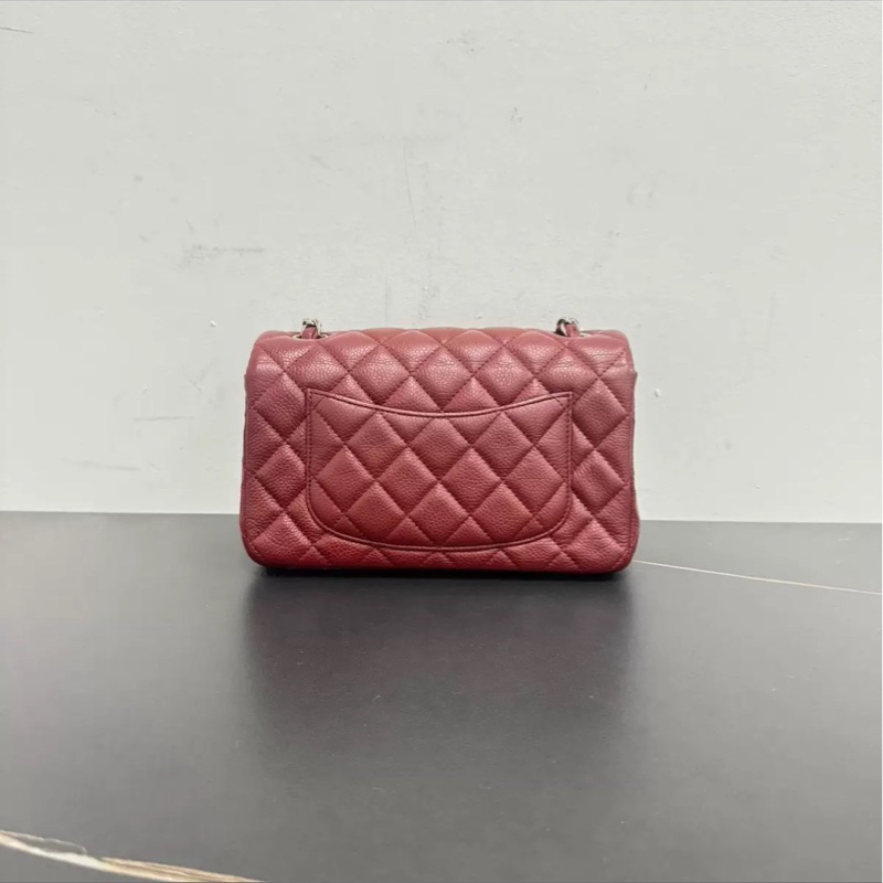 全網最低價🤩Chanel酒紅銀扣荔枝牛皮CF大mini手提單肩斜挎包-2