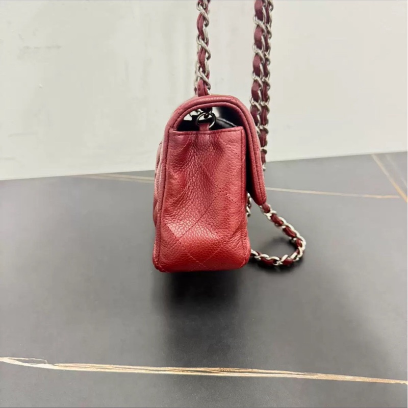全網最低價🤩Chanel酒紅銀扣荔枝牛皮CF大mini手提單肩斜挎包-5