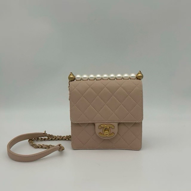「JL精品代購」香奈兒羊皮裸粉色限量珍珠鏈條包-0