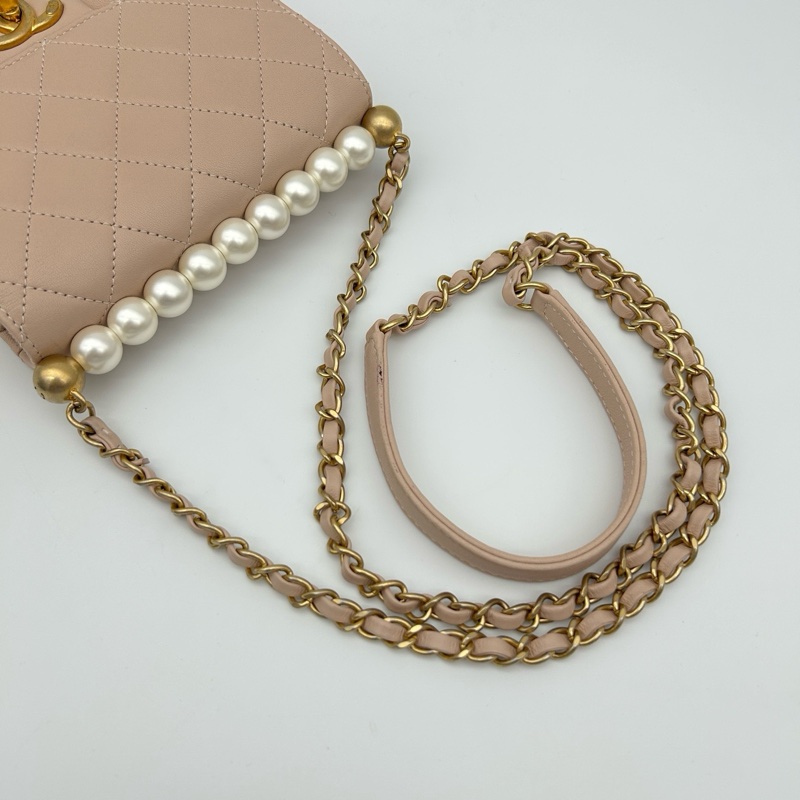 「JL精品代購」香奈兒羊皮裸粉色限量珍珠鏈條包-3