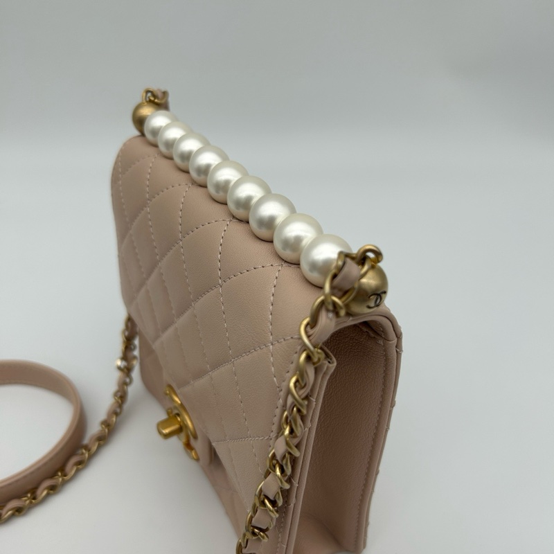 「JL精品代購」香奈兒羊皮裸粉色限量珍珠鏈條包-10