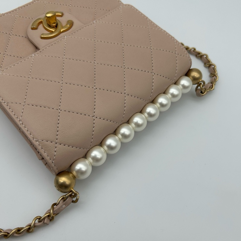 「JL精品代購」香奈兒羊皮裸粉色限量珍珠鏈條包-11
