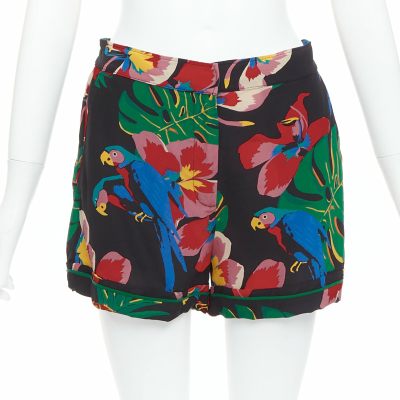 VALENTINO Hawaiian Couure 100% silk crepe parrot floral print high shorts S-0