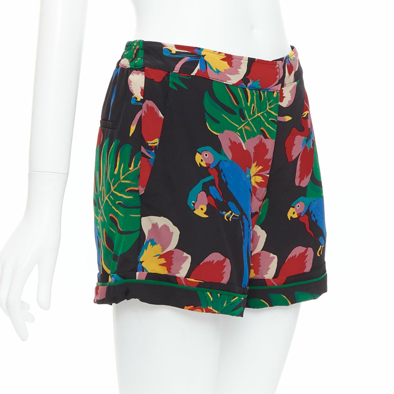 VALENTINO Hawaiian Couure 100% silk crepe parrot floral print high shorts S-2