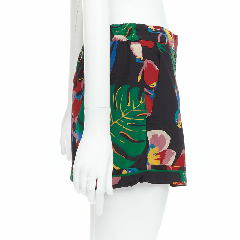 VALENTINO Hawaiian Couure 100% silk crepe parrot floral print high shorts S-3
