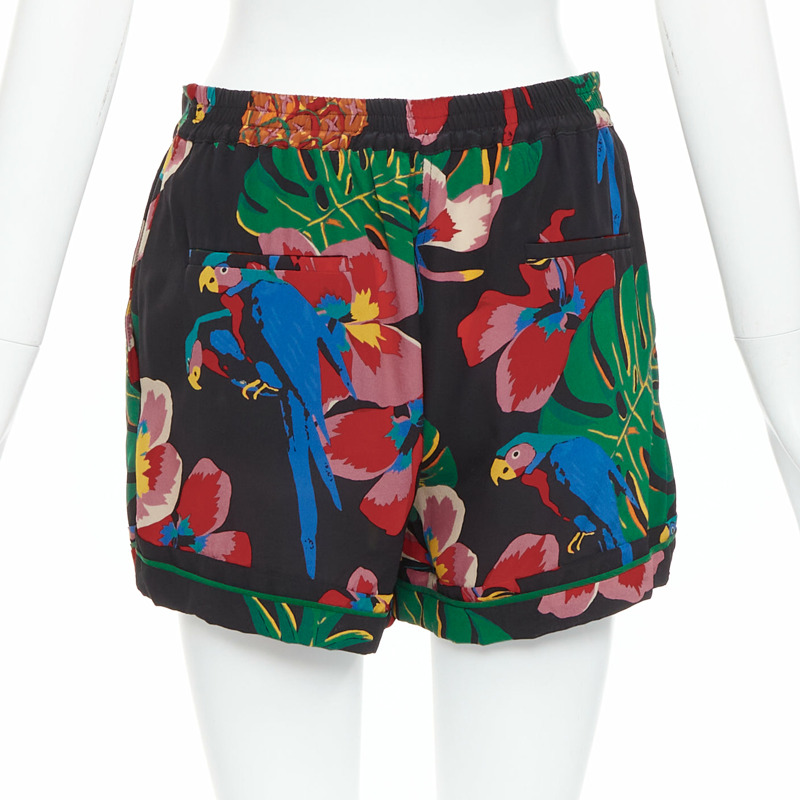 VALENTINO Hawaiian Couure 100% silk crepe parrot floral print high shorts S-4