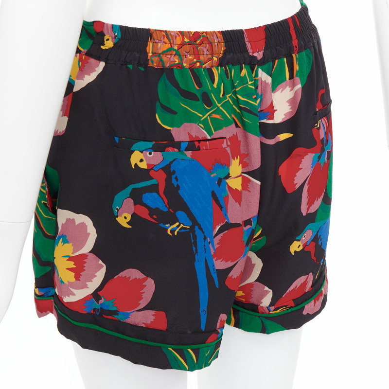 VALENTINO Hawaiian Couure 100% silk crepe parrot floral print high shorts S-6