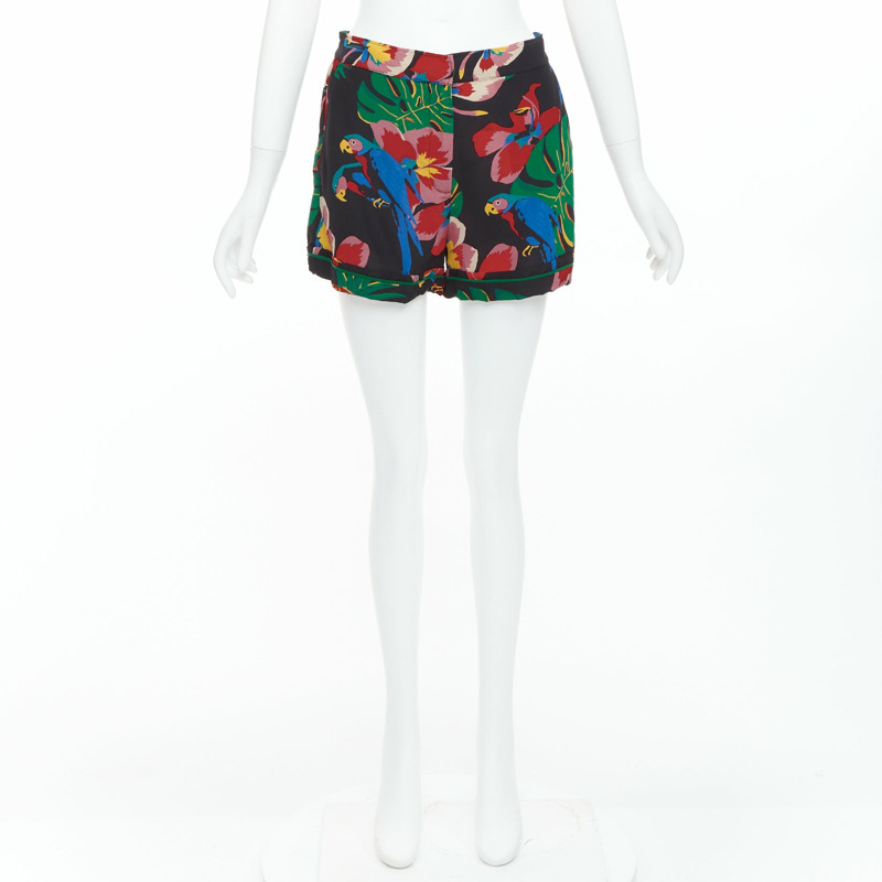 VALENTINO Hawaiian Couure 100% silk crepe parrot floral print high shorts S-8