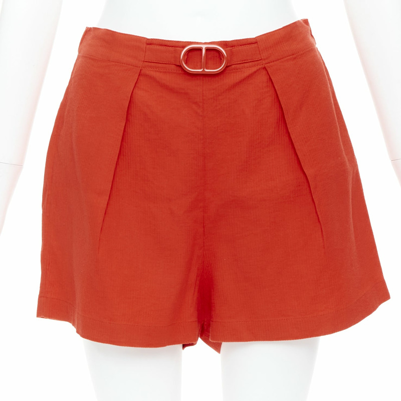 HERMES Chaine D'Ancre red cotton blend buckle pleated shorts FR36 S-0