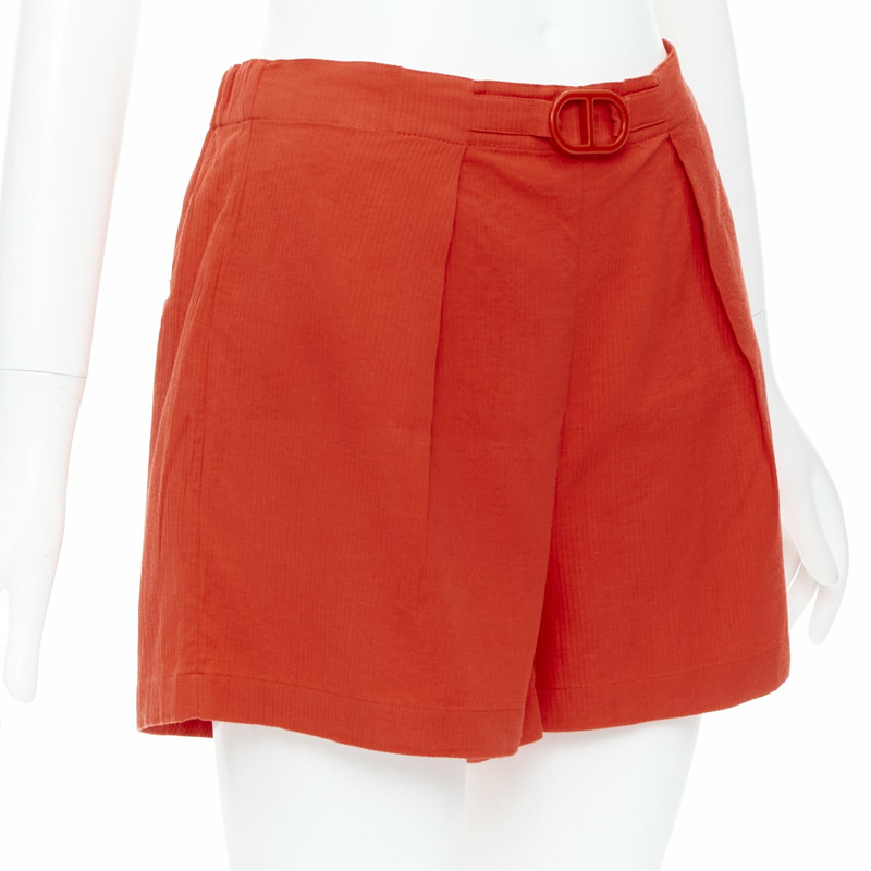HERMES Chaine D'Ancre red cotton blend buckle pleated shorts FR36 S-2