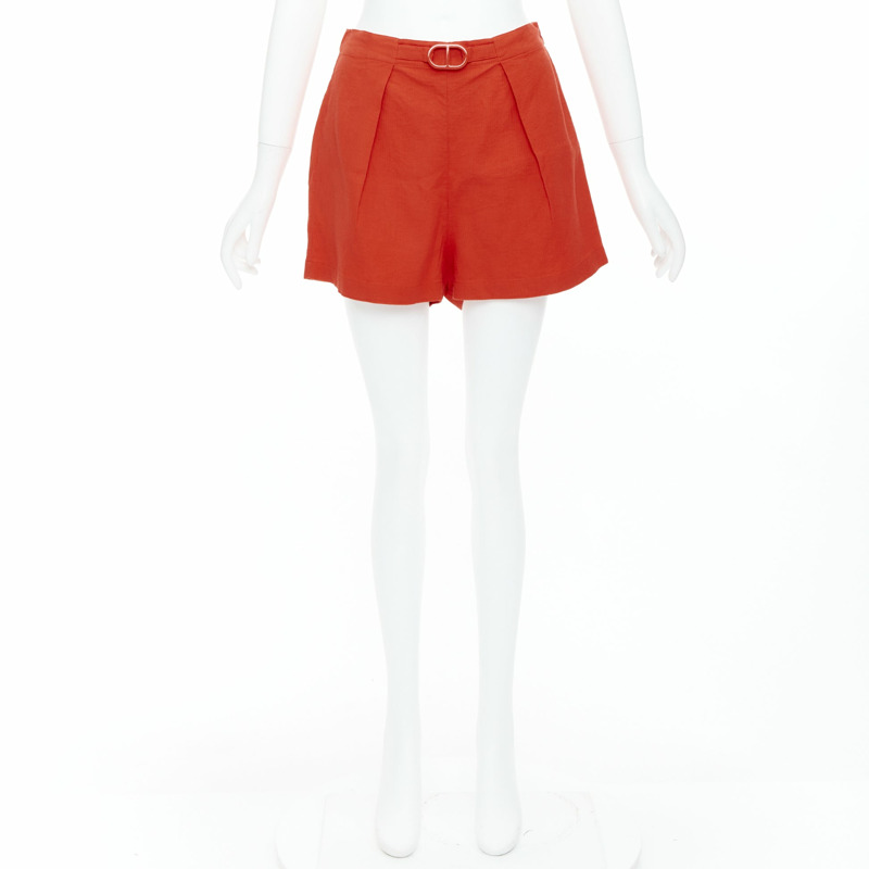 HERMES Chaine D'Ancre red cotton blend buckle pleated shorts FR36 S-8