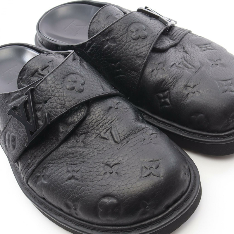 路易威登 LV Easy Line 穆勒鞋 Monogram 帆布涼鞋 黑色真皮男士二手 #6-11