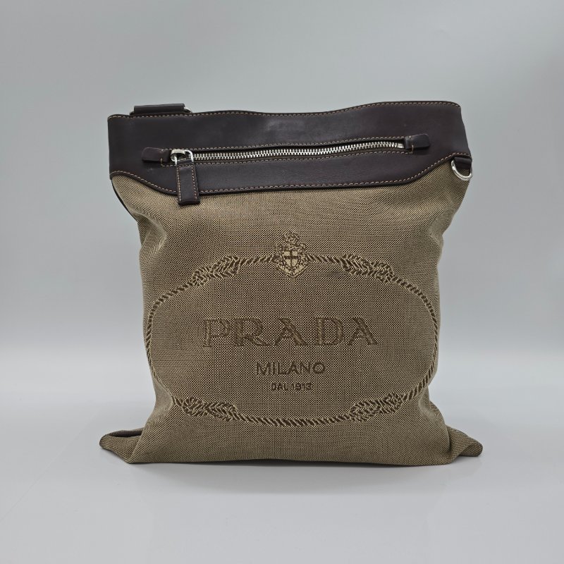 PRADA 普拉達 中古 JACQUARD 帆布肩包 真皮 卡其色 偏米色 深棕色牛皮 肩背包-2