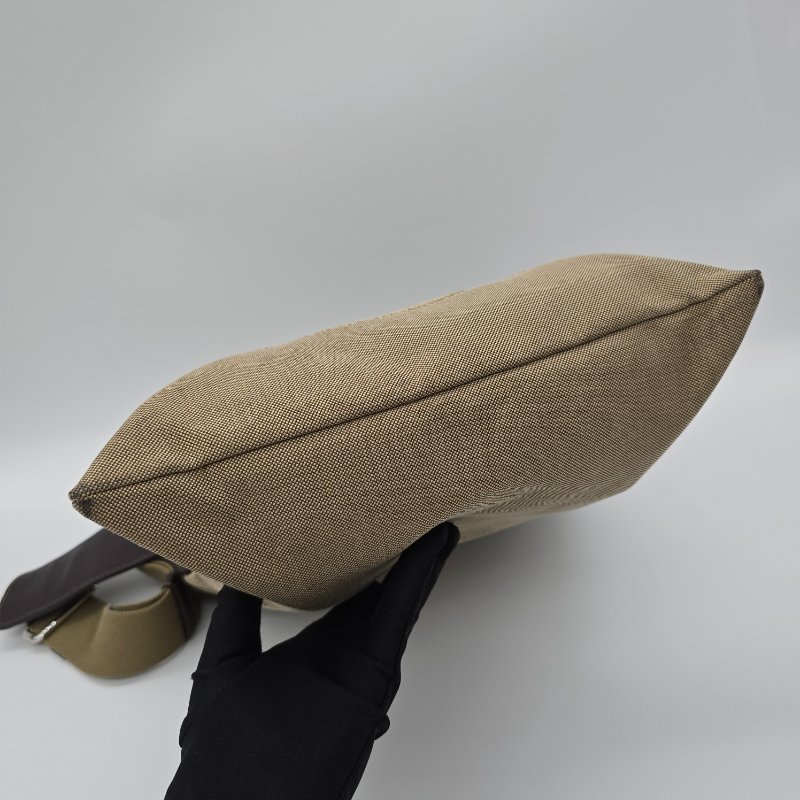 PRADA 普拉達 中古 JACQUARD 帆布肩包 真皮 卡其色 偏米色 深棕色牛皮 肩背包-3